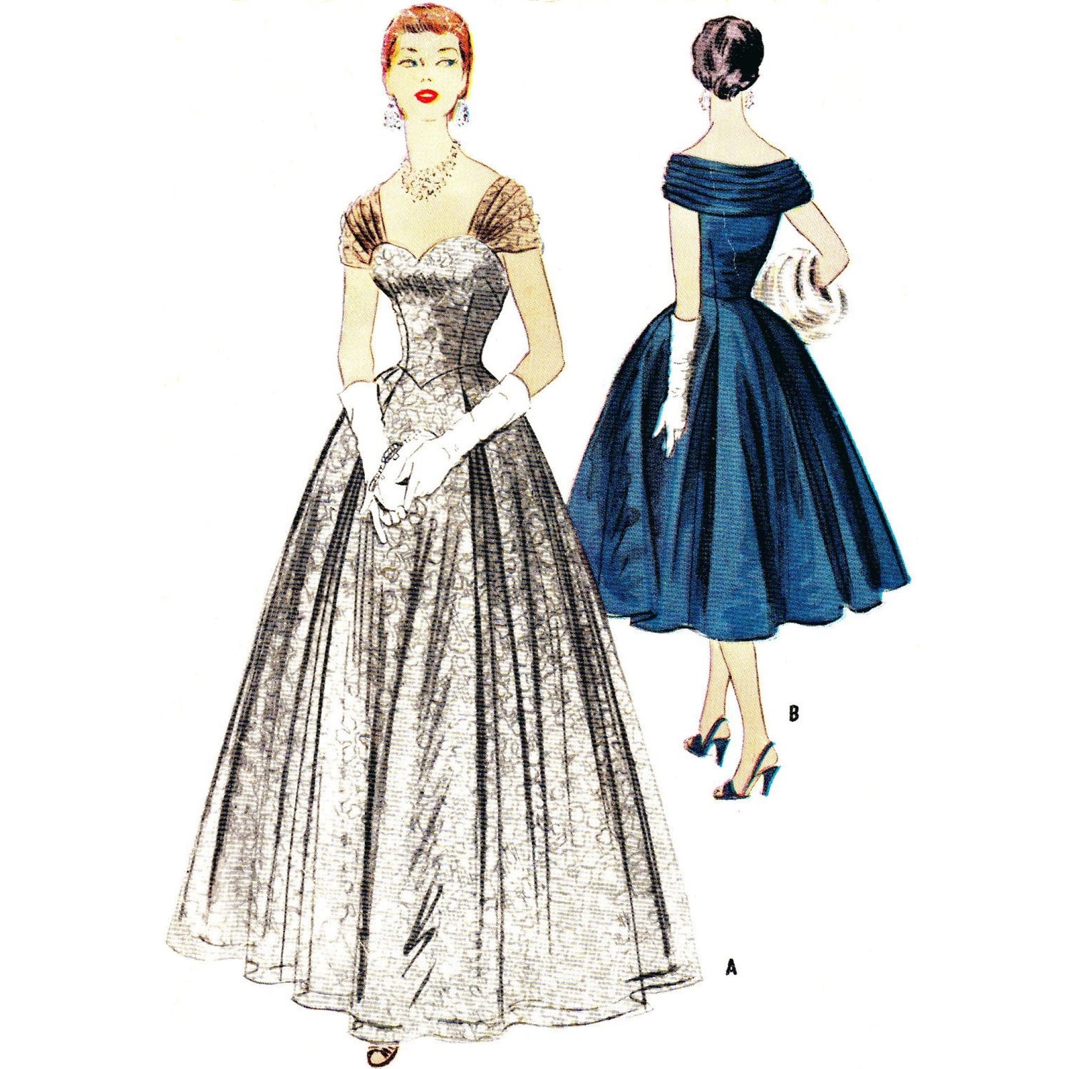 Model wearing evening dress in two lengths made from McCall’s 3028 pattern