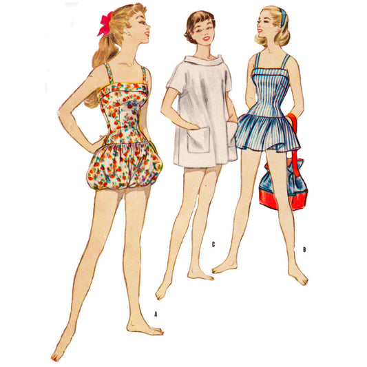 Model wearing bathing suit with bloomers or skirt and shorts and beach coat made from McCall’s 3195 pattern