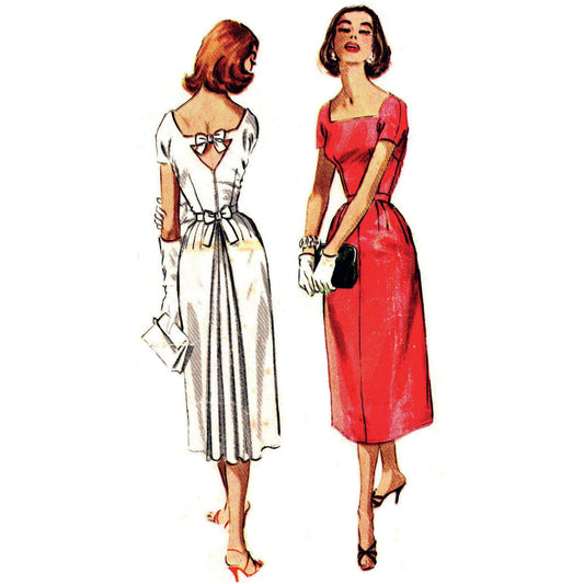 Fashion illustration from 1957 of two models wearing a dress made from McCalls 4084 sewing pattern