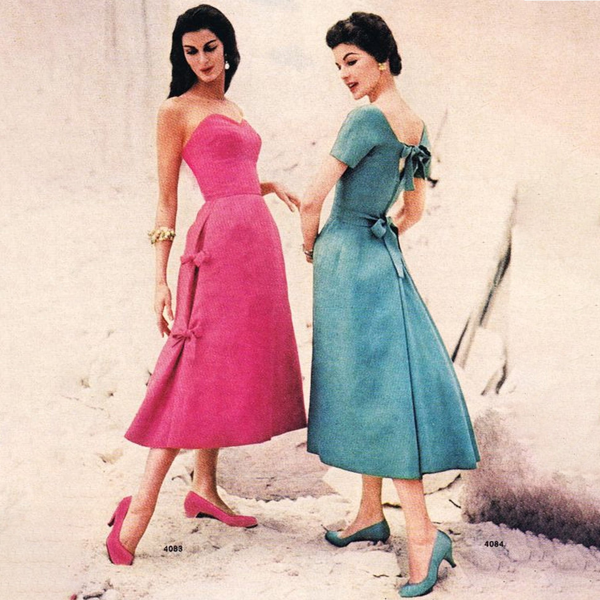 Fashion illustration from 1957 of two models wearing a dress made from McCalls 4084 sewing pattern