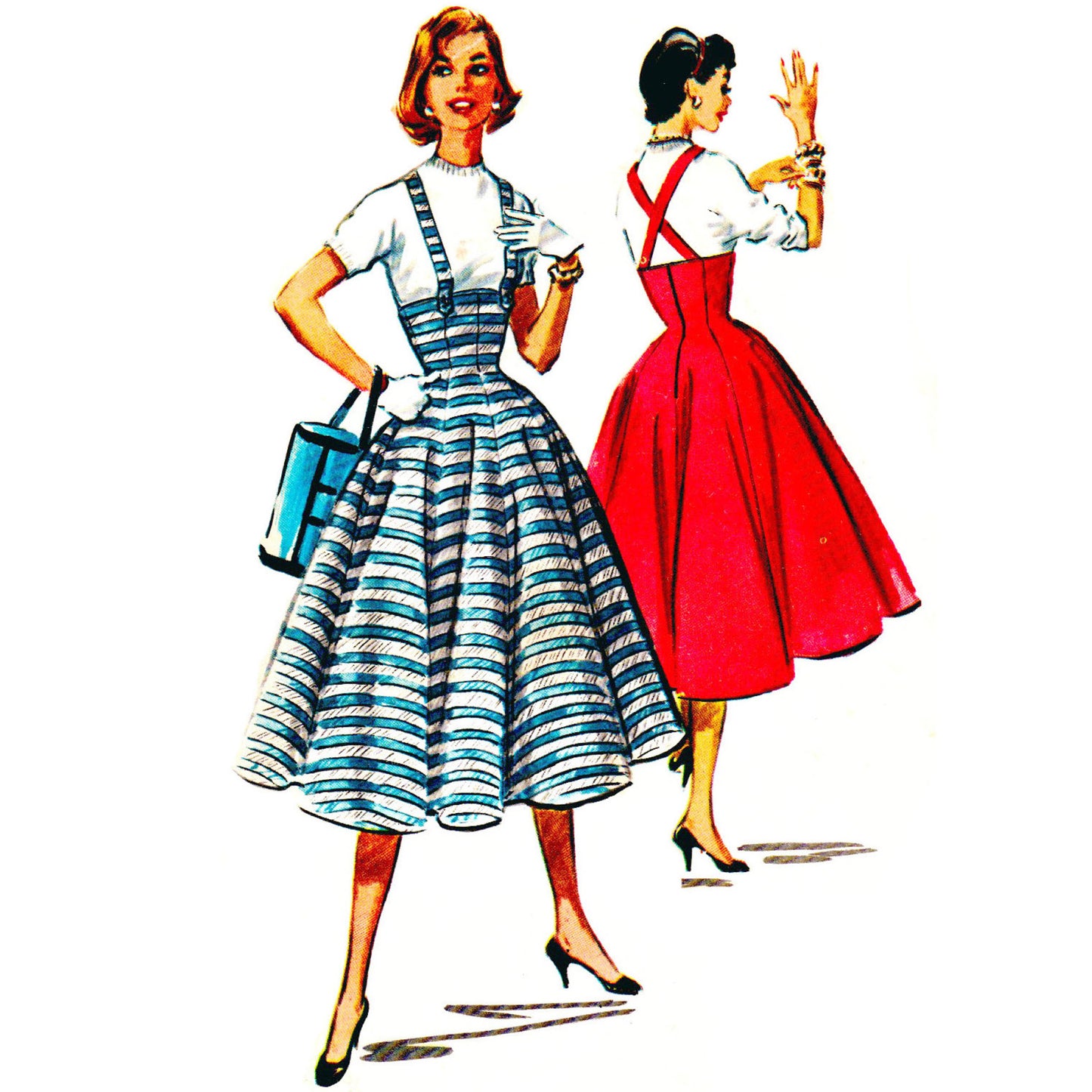 Model wearing jumper skirt with suspenders made from McCall’s 3590 pattern