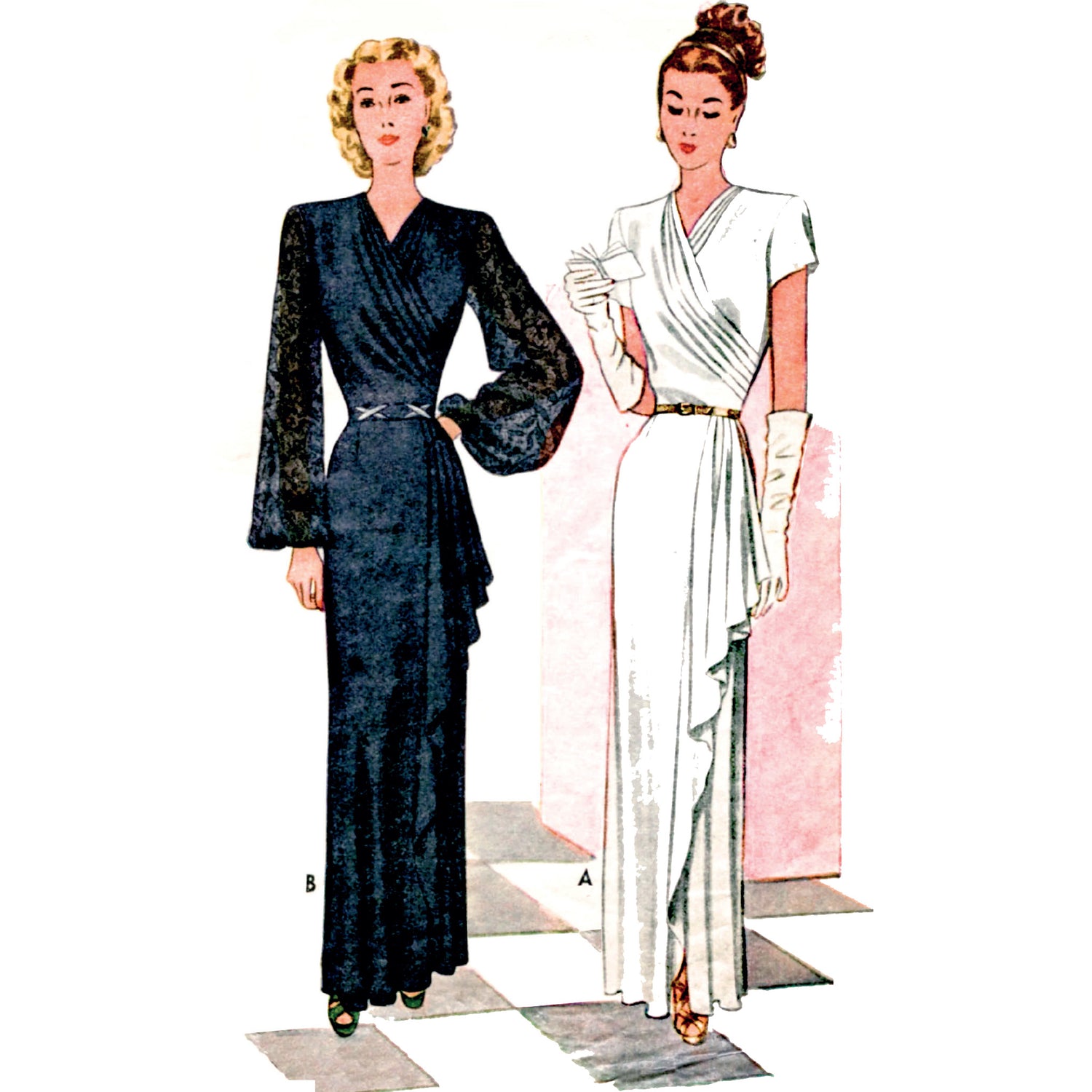 1940s Sewing Pattern, Wrap & Draped Evening Dress - Bust: 36