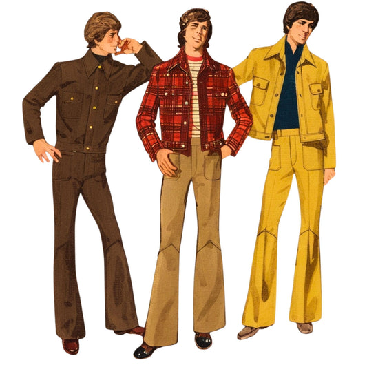 Three men in 1970s fashion with colorful outfits on a white background