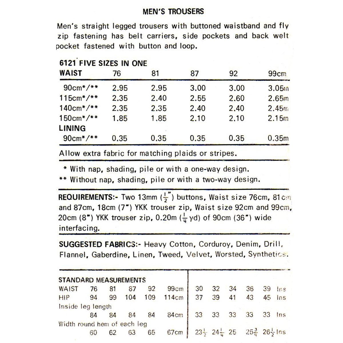 A printed sizing and measurement chart for men's straight leg trousers, showing waist measurements in centimetres and inches for sizes 76 through 99cm, along with lining measurements and a standard measurements table at the bottom.