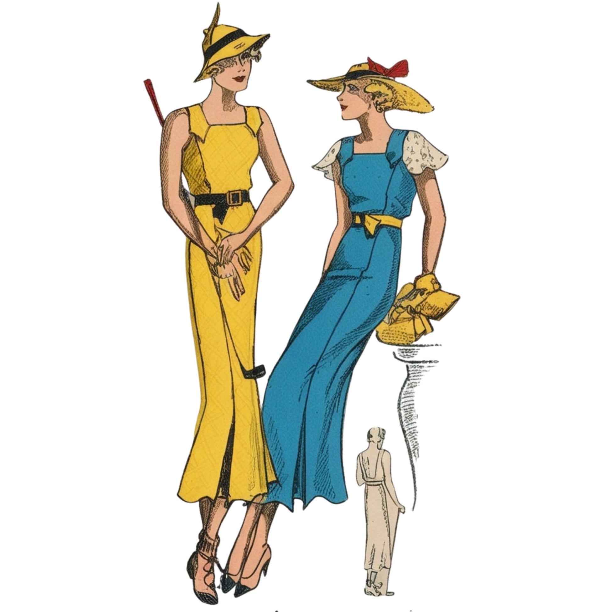 Illustration of two women in vintage dresses and hats on a white background