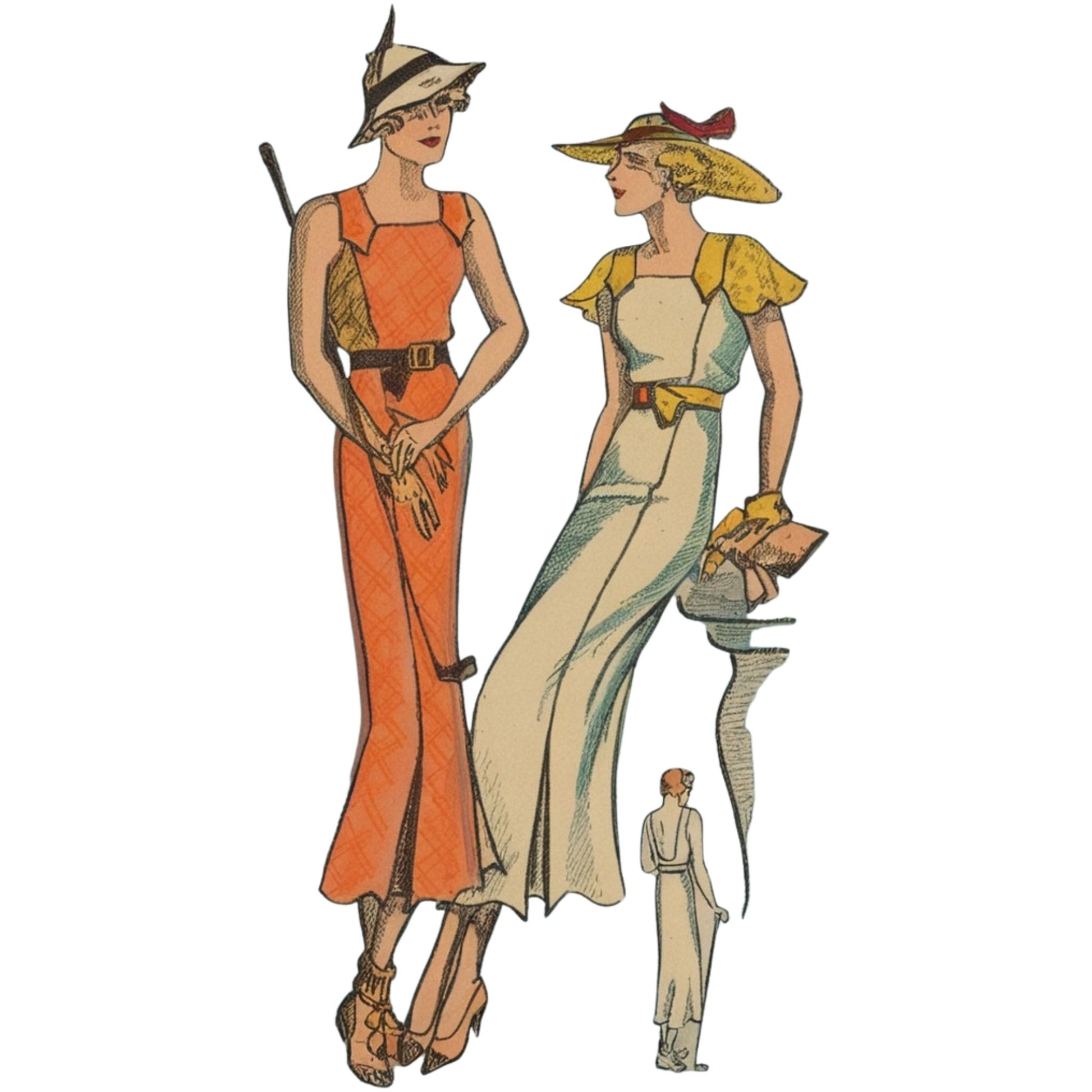 Illustration of two women in vintage dresses and hats on a white background