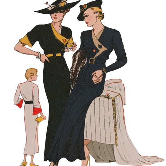 Vintage fashion illustration of three women in formal attire with hats and dresses.