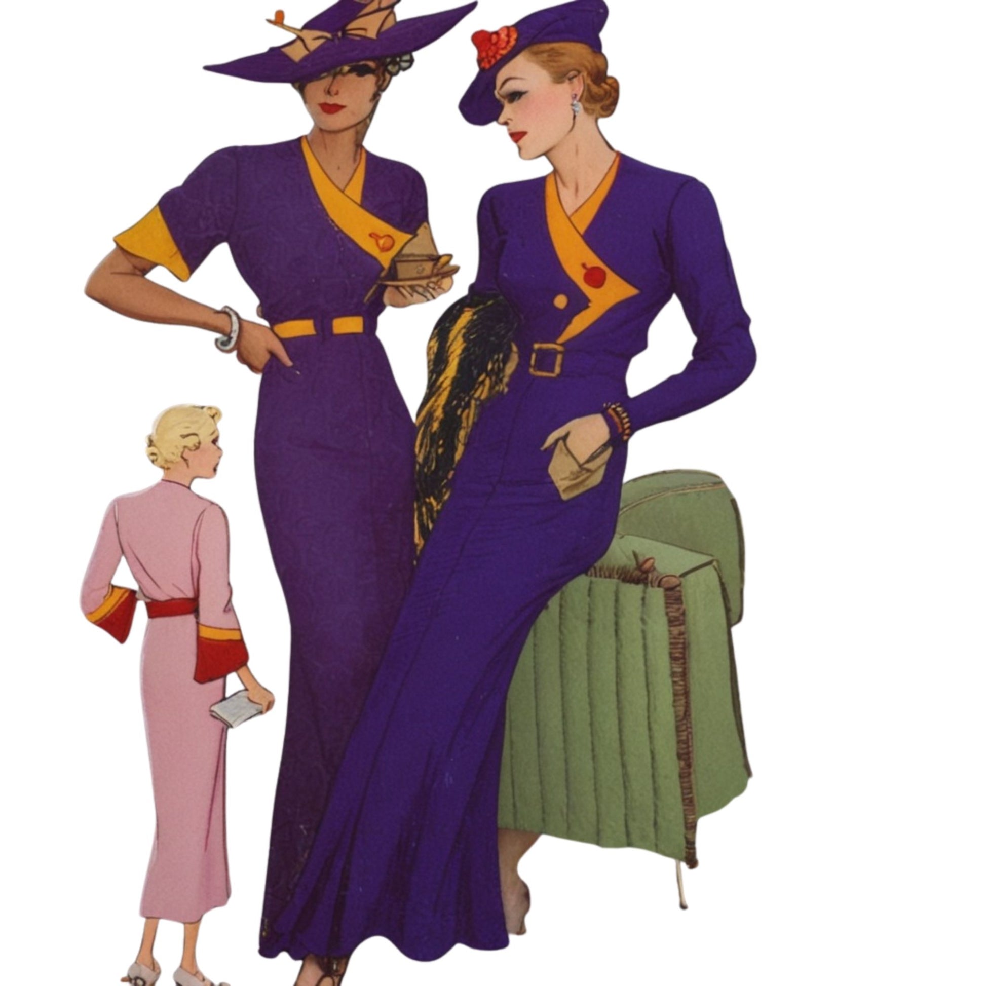 Vintage-style illustration of a woman in a purple dress with yellow accents.
