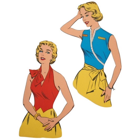 Two vintage-style illustrations of women in colorful outfits on a white background