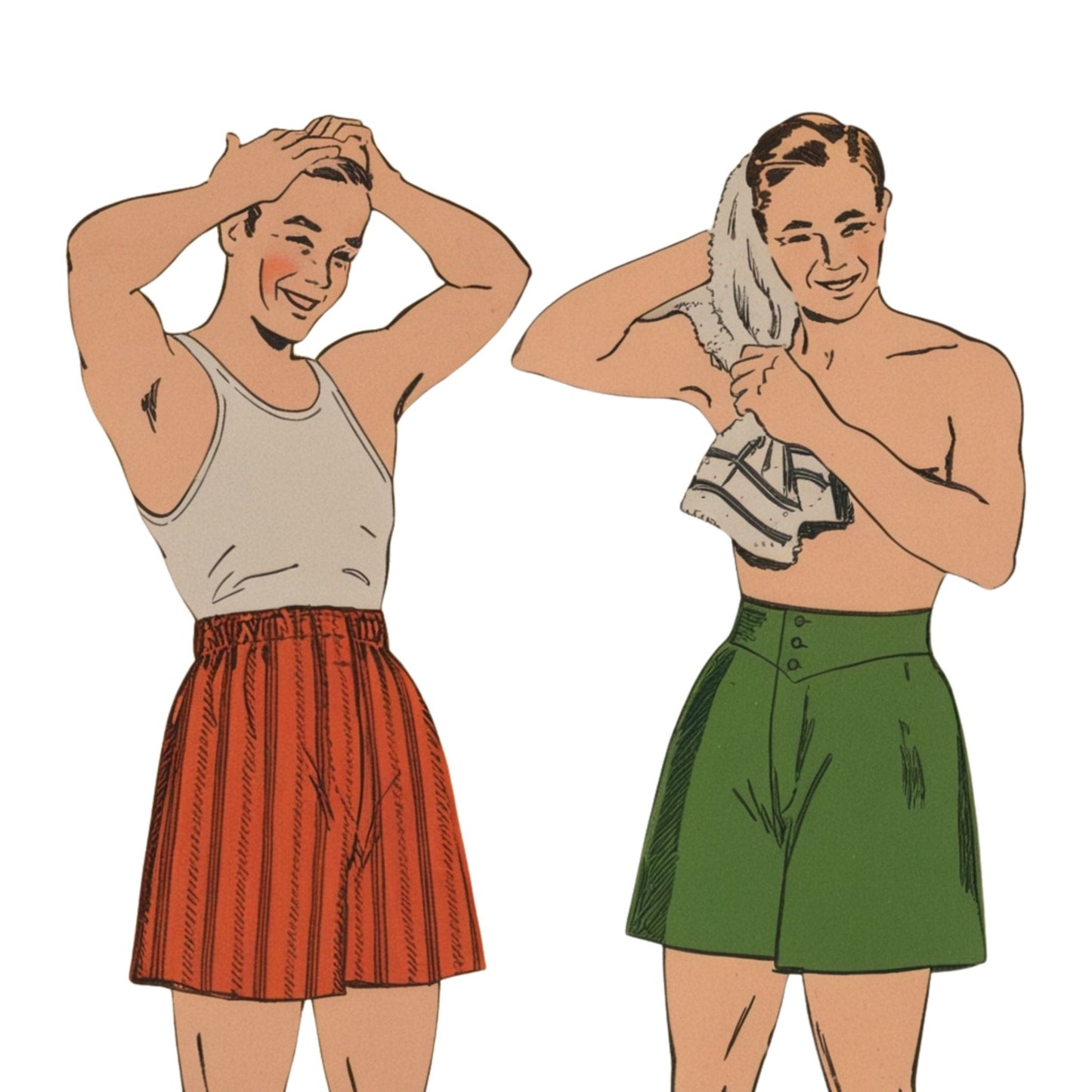 Two men in vintage swimwear with one wiping his face and the other adjusting his hair on a white background.