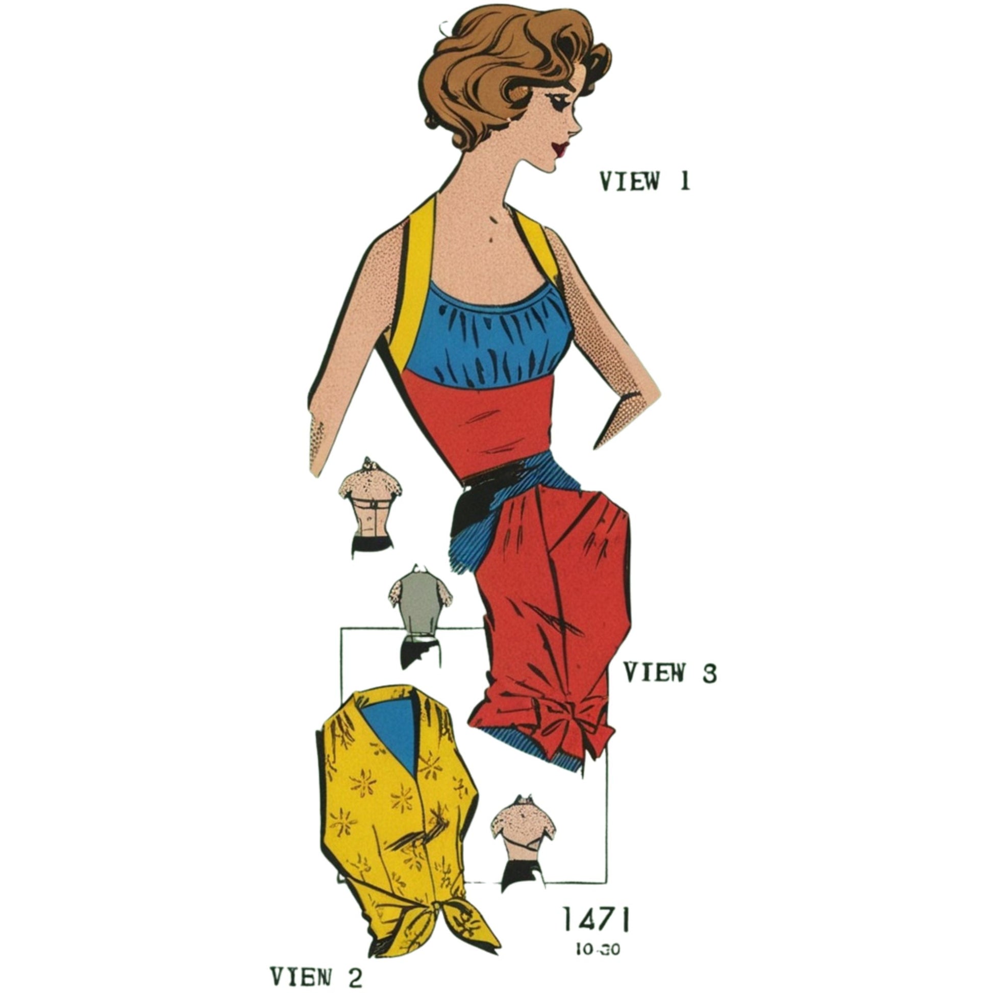 Vintage fashion illustration of a woman wearing a blue top and red skirt with views labeled below.