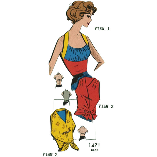 Vintage fashion illustration of a woman wearing a blue top and red skirt with views labeled below.