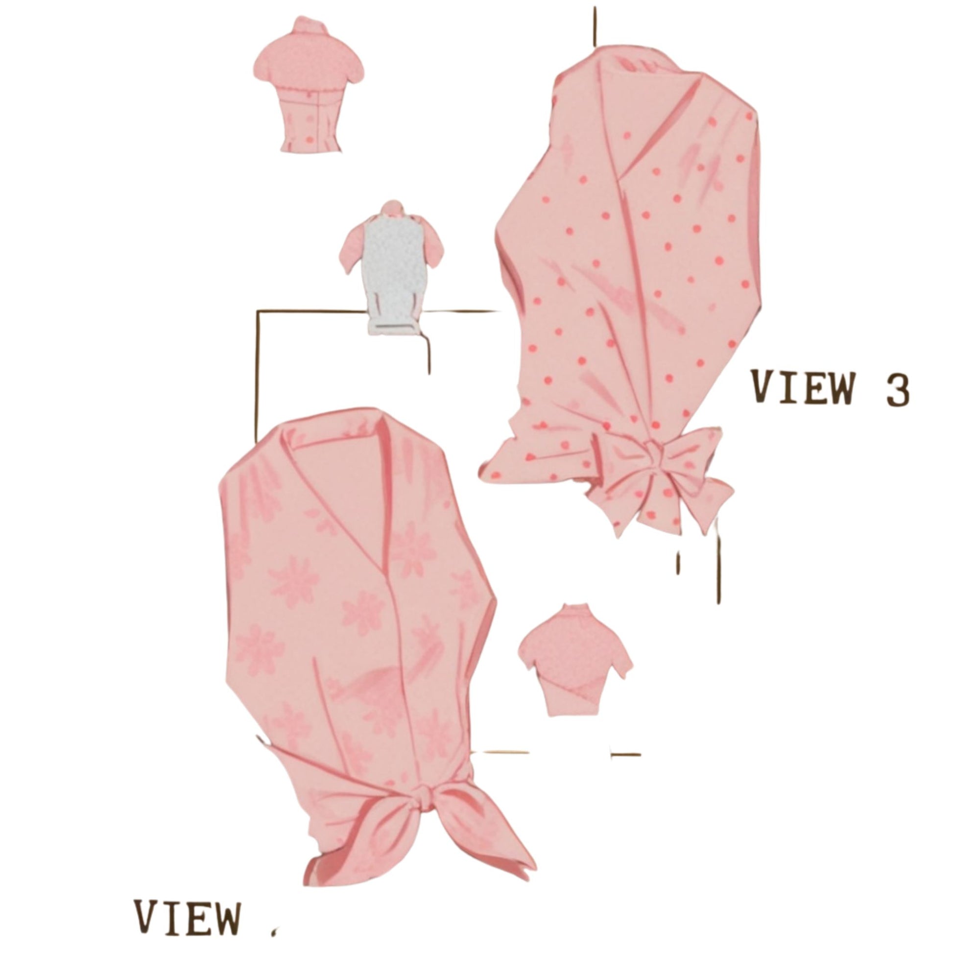 Illustration of pink baby wrap with various views on a white background