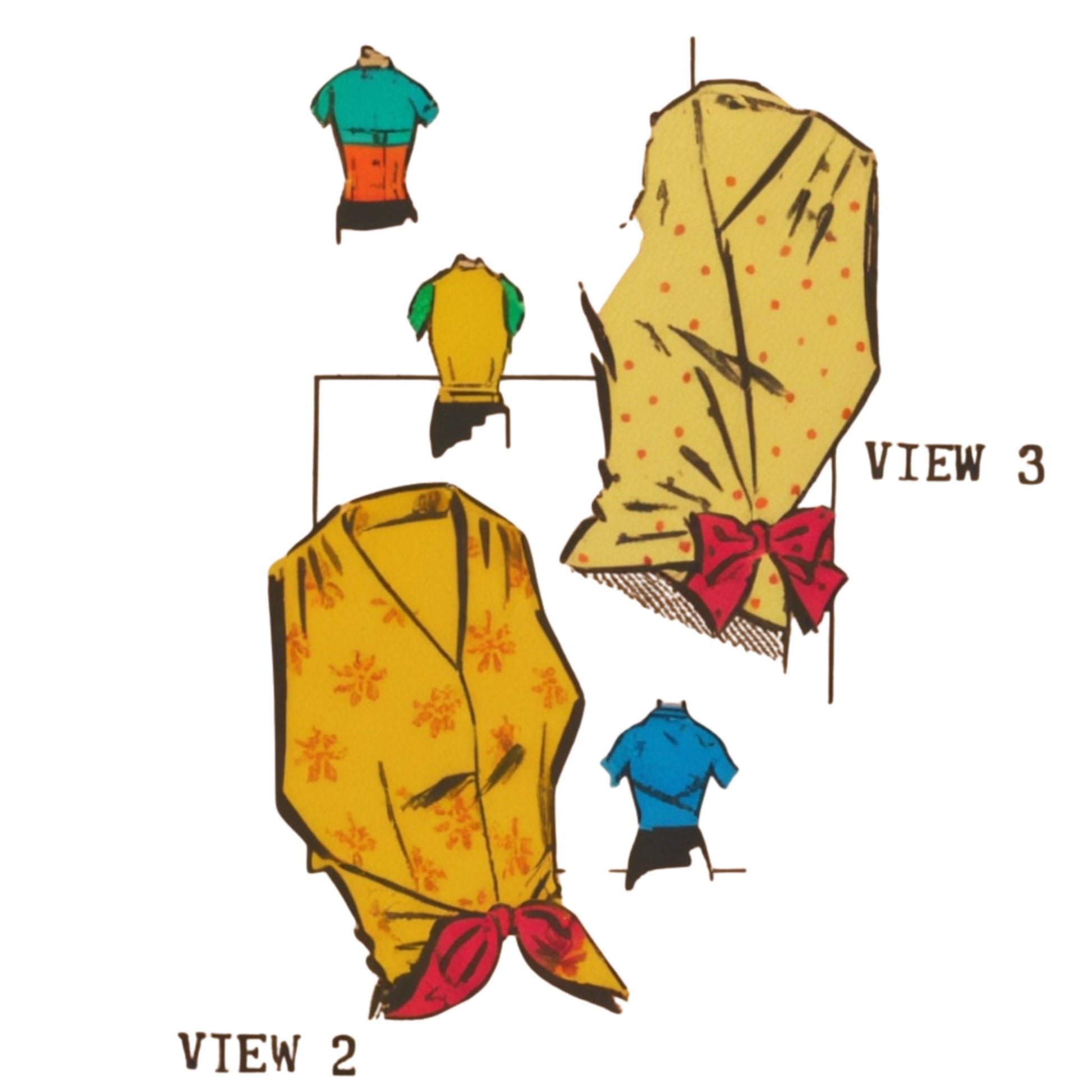 Illustration of a yellow garment with patterns and a red bow, shown from three views.