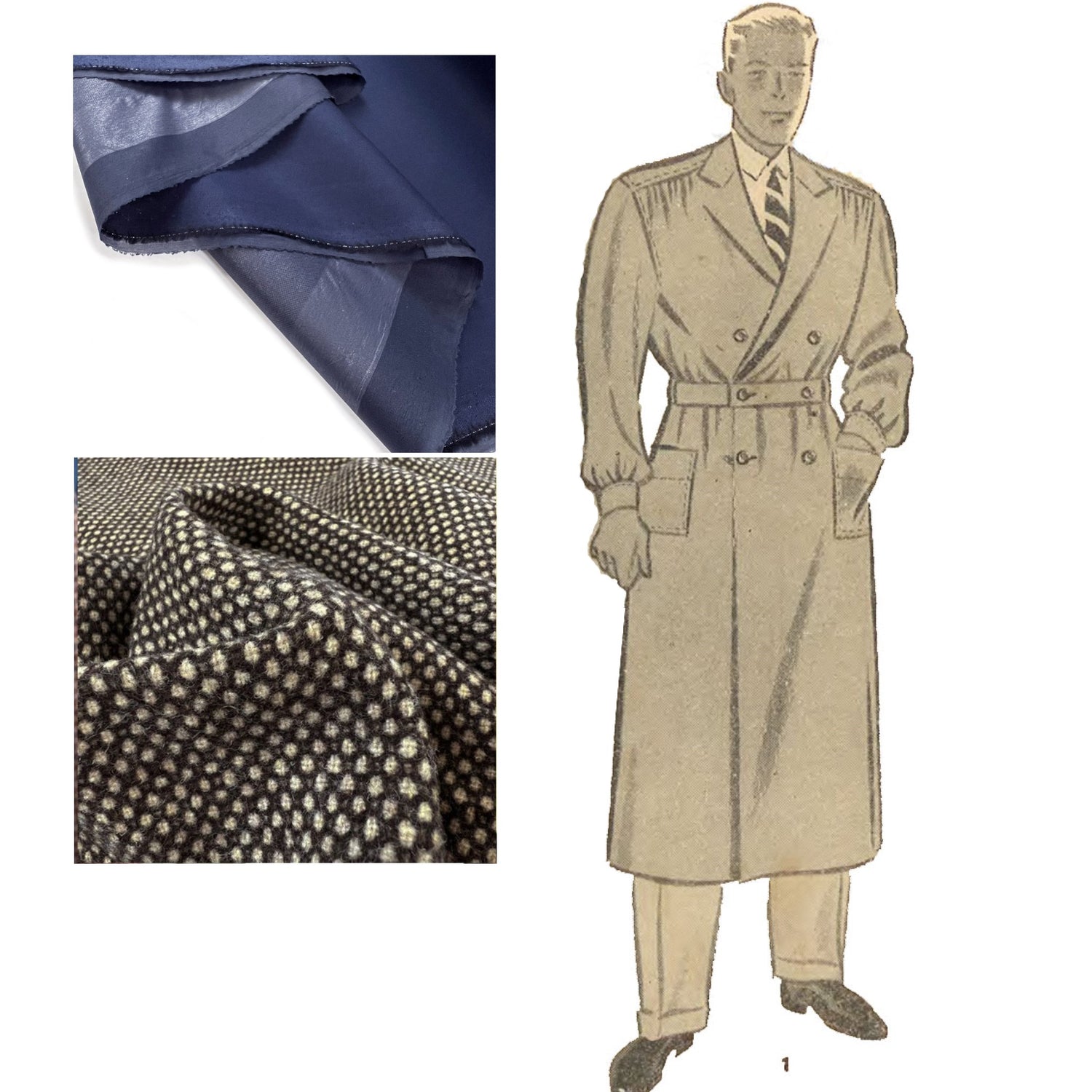 Man wearing two versions of the coat sewing pattern. with example fabrics