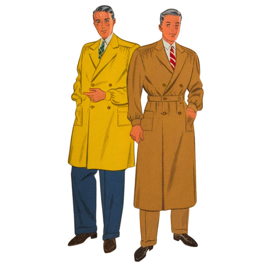 Two men wearing trench coats, one yellow and one brown, on a white background.