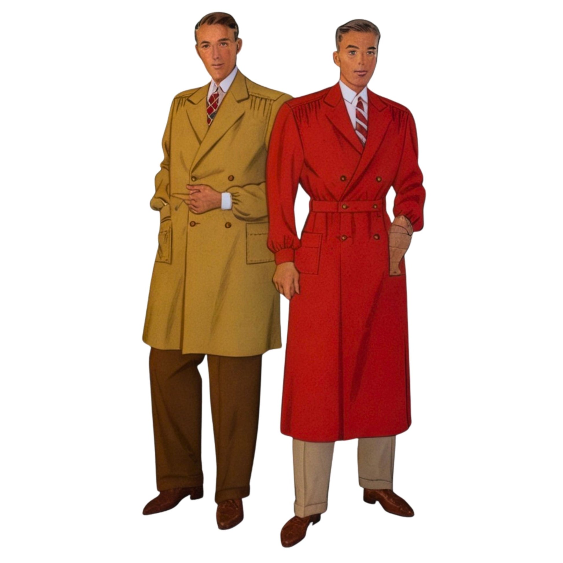 Two men wearing trench coats, one in beige and the other in red, on a white background.