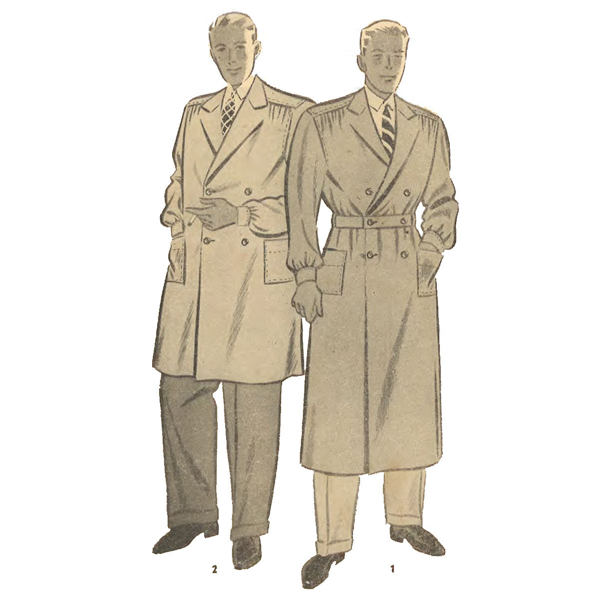 Two men wearing two versions of the coat sewing pattern. One is loose with longsleeves and cuffs, notched collar, shoulder yokes with gatheres to front of coat at shoulder, 2 patch pocjets and double breasted fastening. The second man is wearing the same coat in a longer calf length variation with buttoning belt-like waistband.