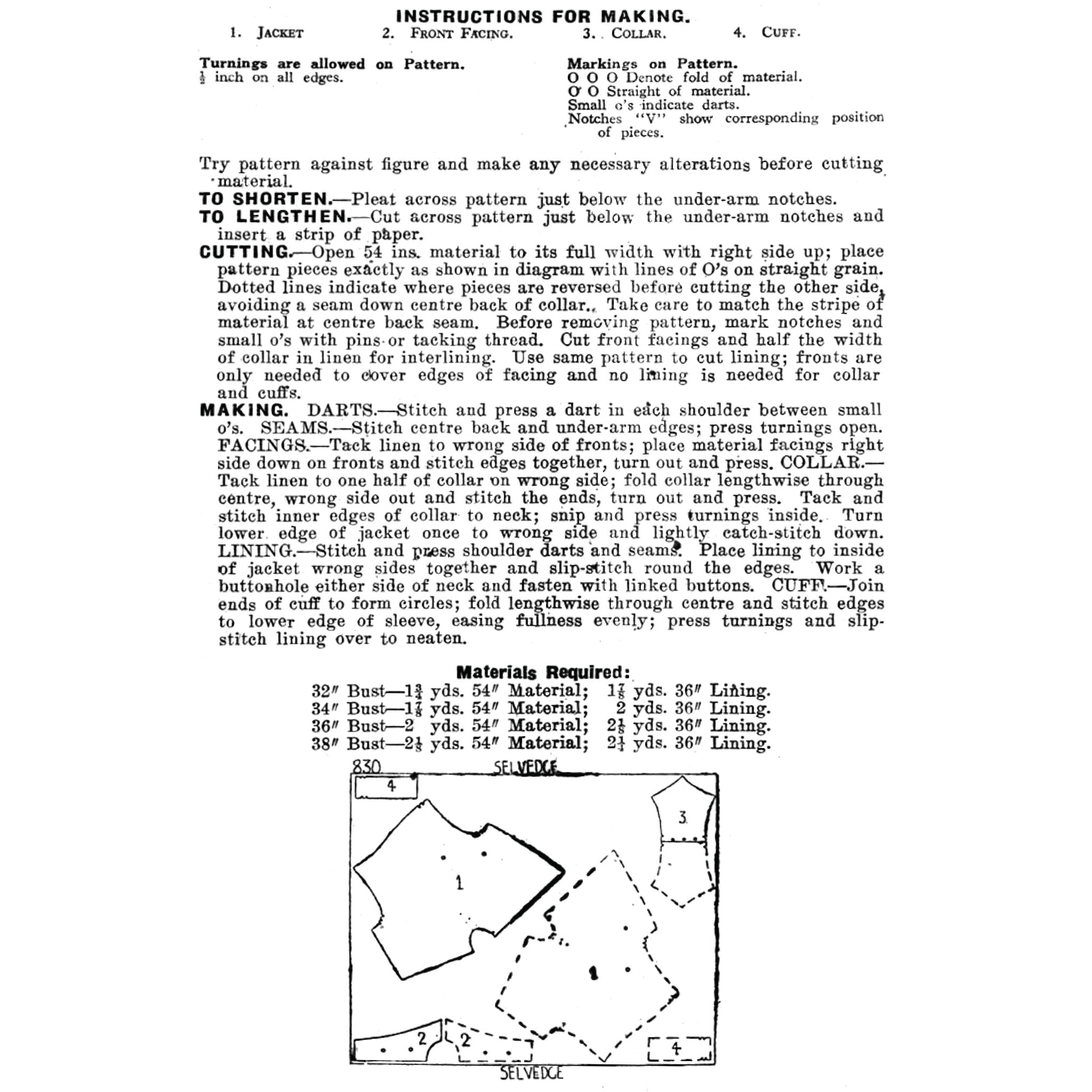 A black-and-white printed instruction sheet with text instructions for making patterns, including sections for jacket, cutting, markings, sizes, and sewing measurements.