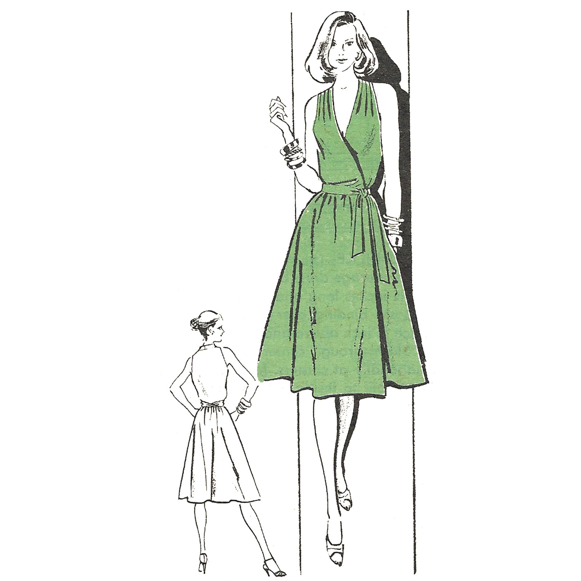 Green dress pattern with a model and smaller figure on a white background