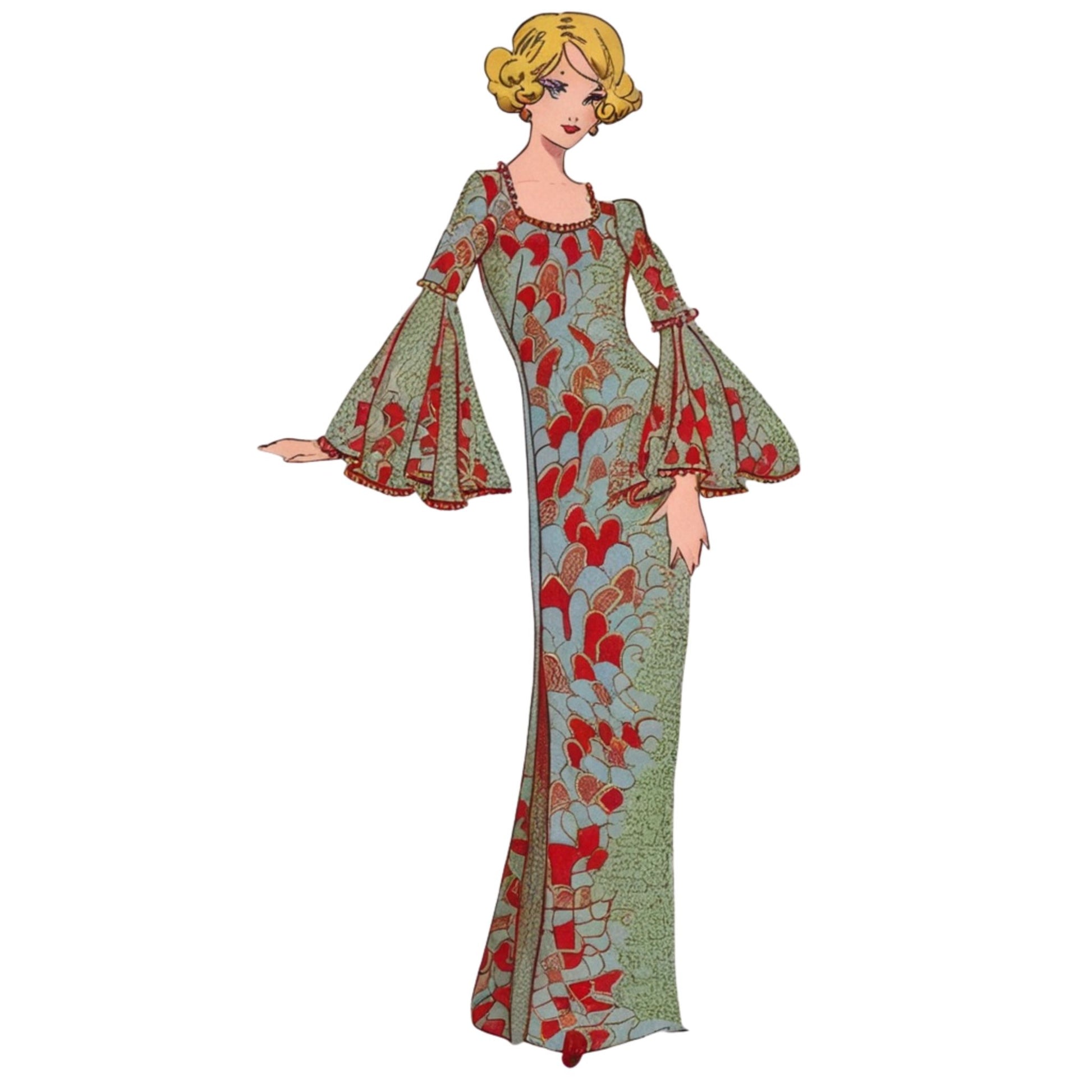 Illustration of a woman wearing a patterned dress on a white background