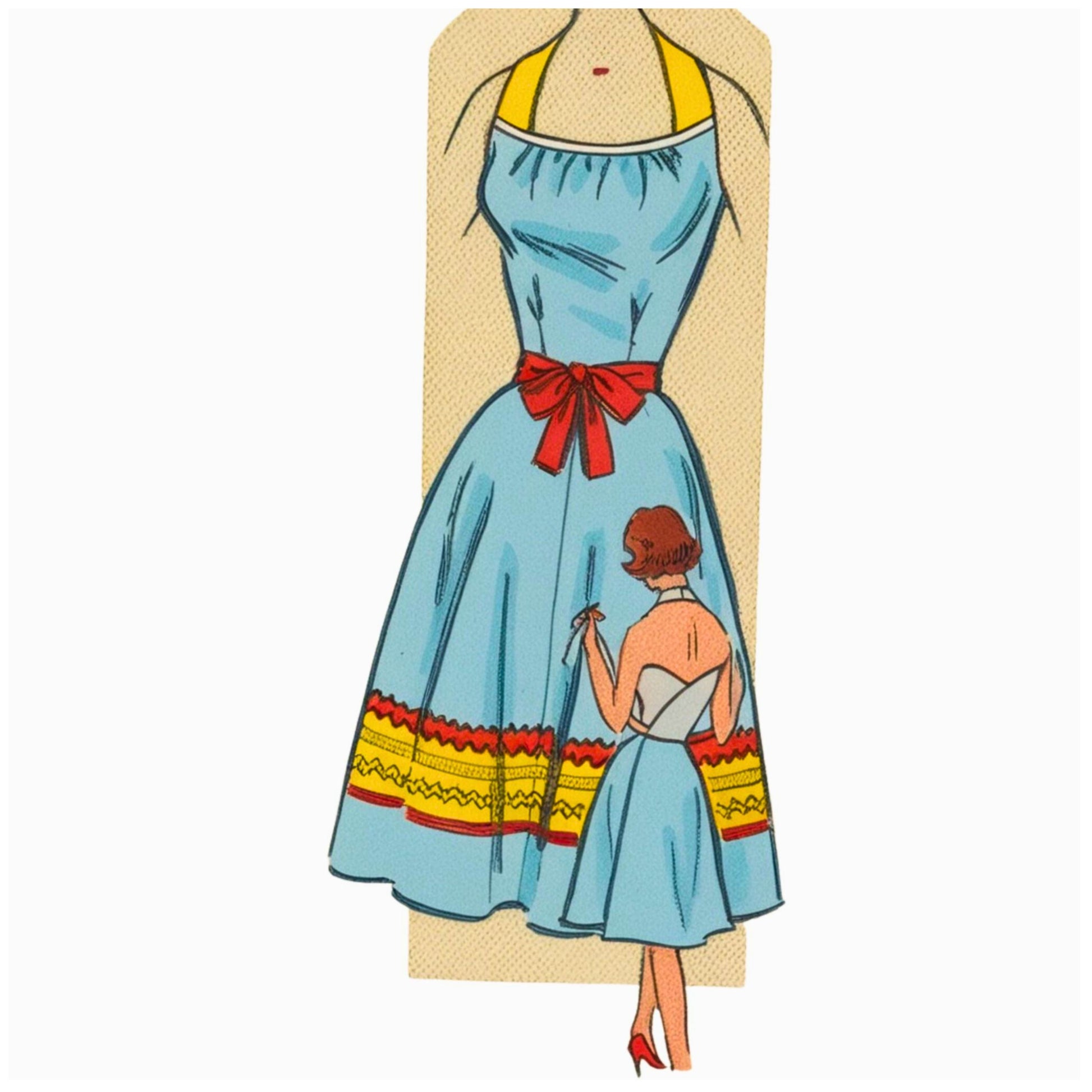 Illustration of a woman wearing a blue dress with a red bow and colorful trim on a beige background.