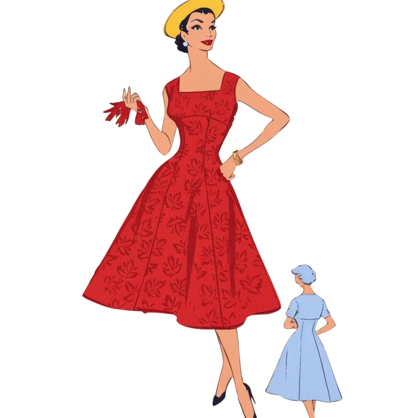 Illustration of a woman in a red dress with a smaller figure in a blue dress on a white background
