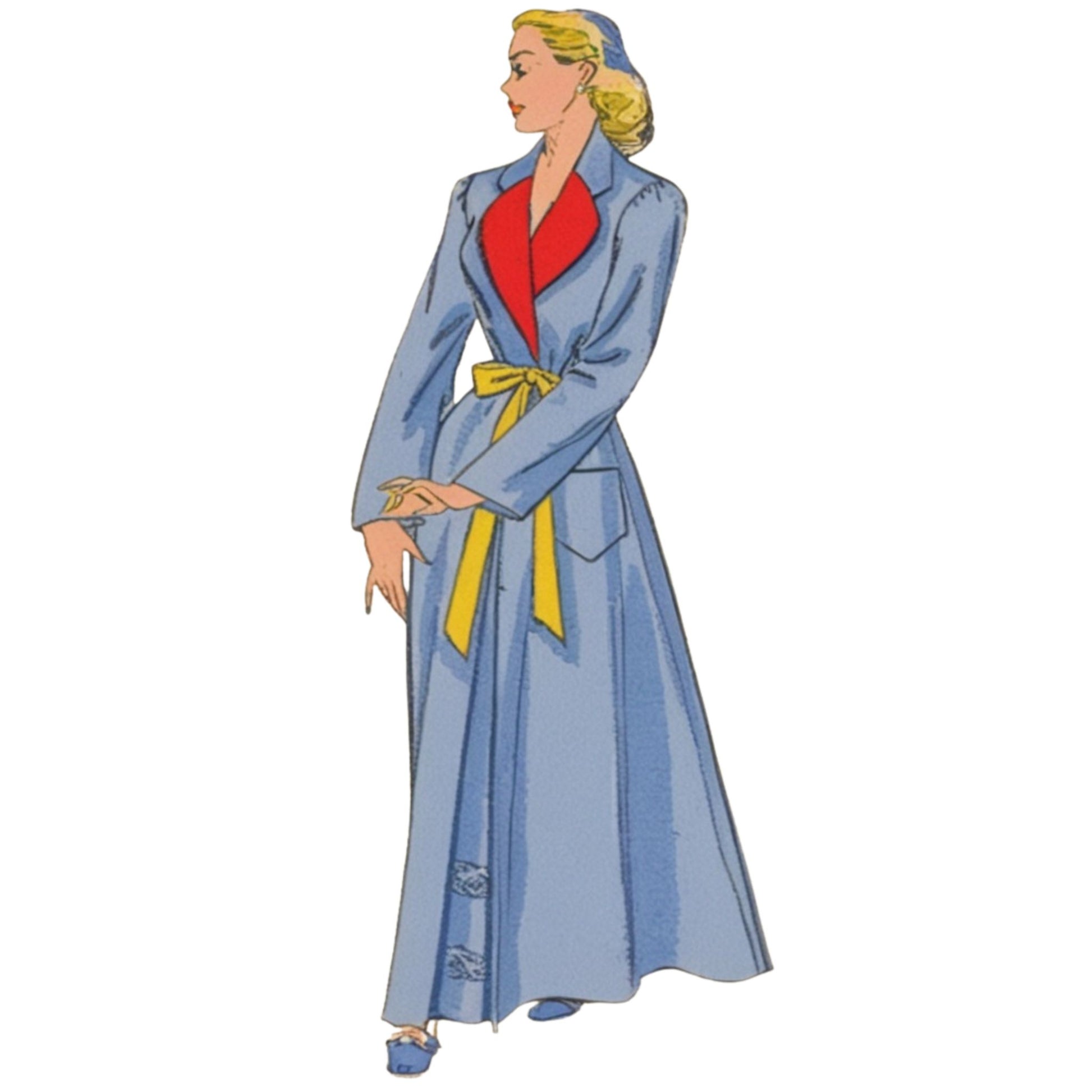 Illustration of a woman wearing a long blue coat with a red shirt and yellow belt on a white background.