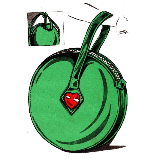 Illustration in green and red of a handbag made from pattern Polynesian pattern H11