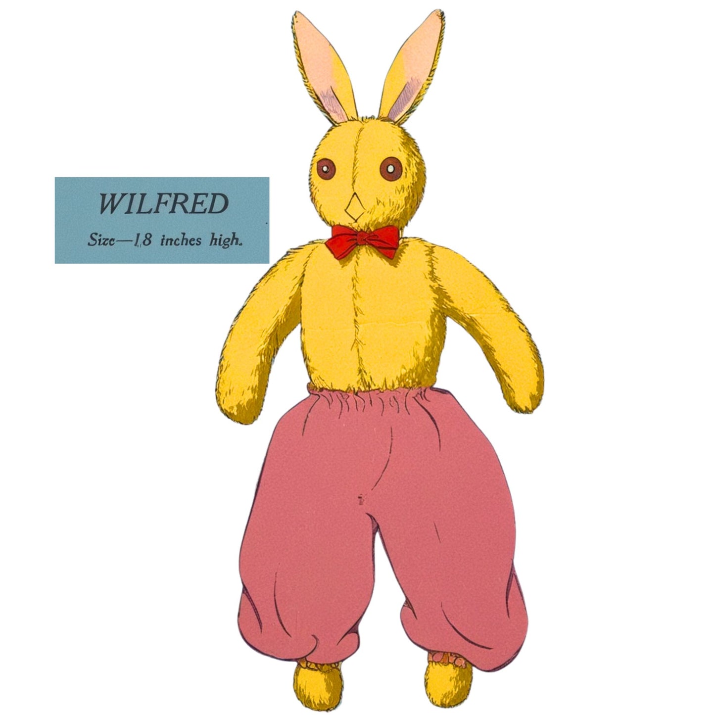 Image of 'Wilfred' stuffed rabbit toy, with brown fur and a red bowtie and trousers.