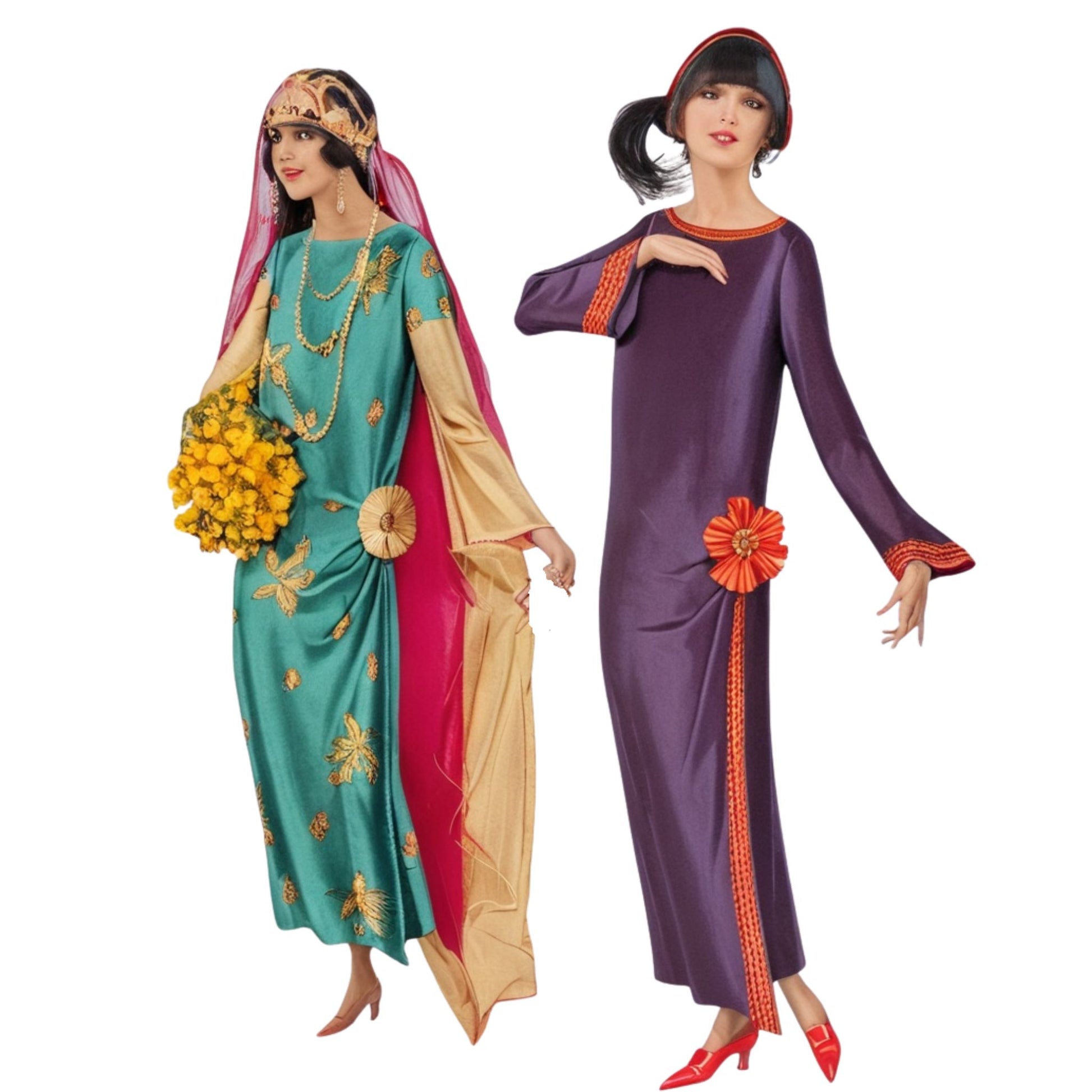 Two women in 1920s outfits with colorful dresses and headscarves on a white background