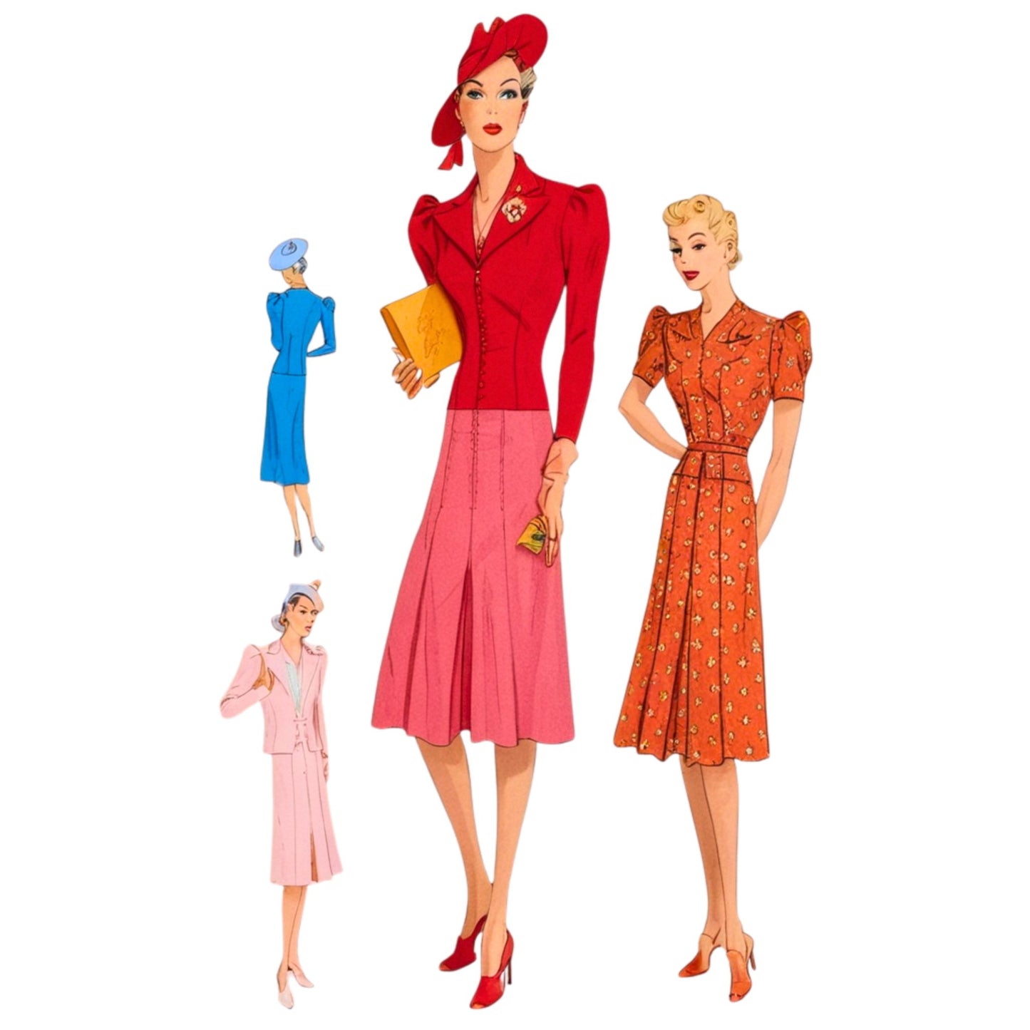 Illustrations of women in vintage outfits on a white background