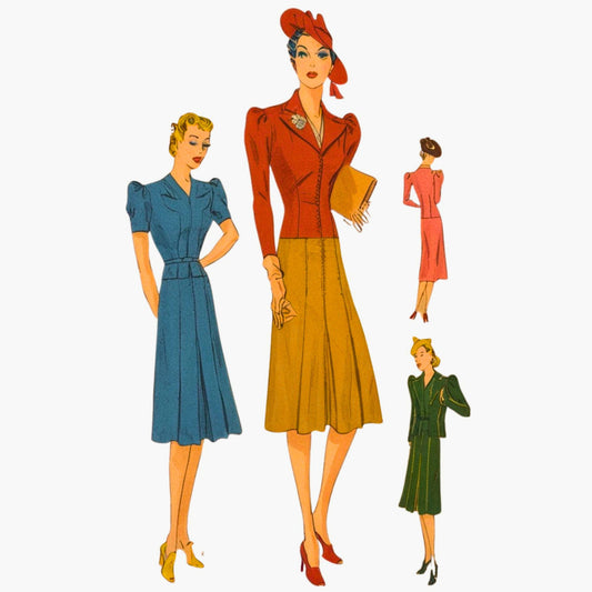 Illustrations of women in vintage clothing on a white background