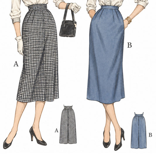Vintage sewing pattern image showing two skirt styles labeled A and B. The left skirt is a black-and-white houndstooth midi skirt, and the right skirt is a solid medium-blue midi skirt.