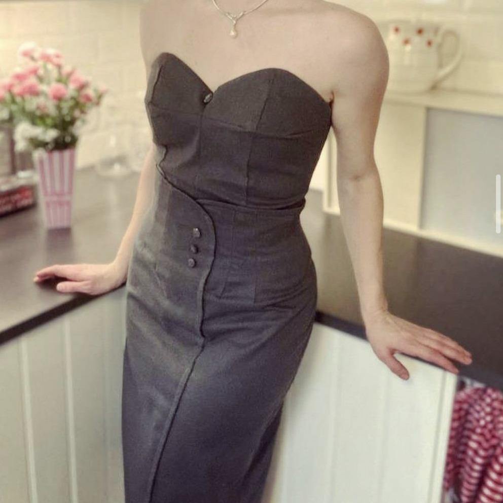 Photograph of women wearing 'Hollywood Skirt - View B' made in a dark grey fabric, with a matching strapless top.