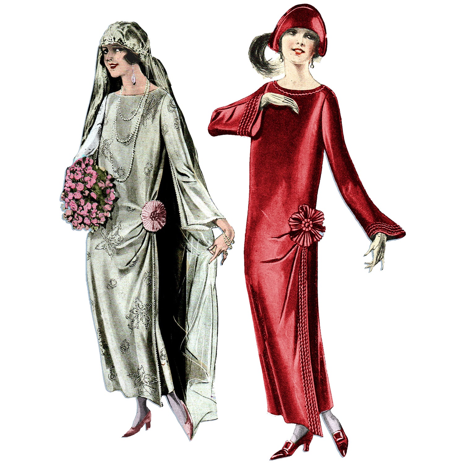 Models wearing 1920s wedding dress and formal dress in red and in white made from Pictorial Review 1940 pattern
