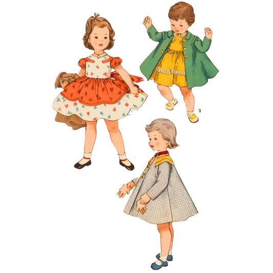 Three vintage-style illustrations of children in colorful clothing on a white background