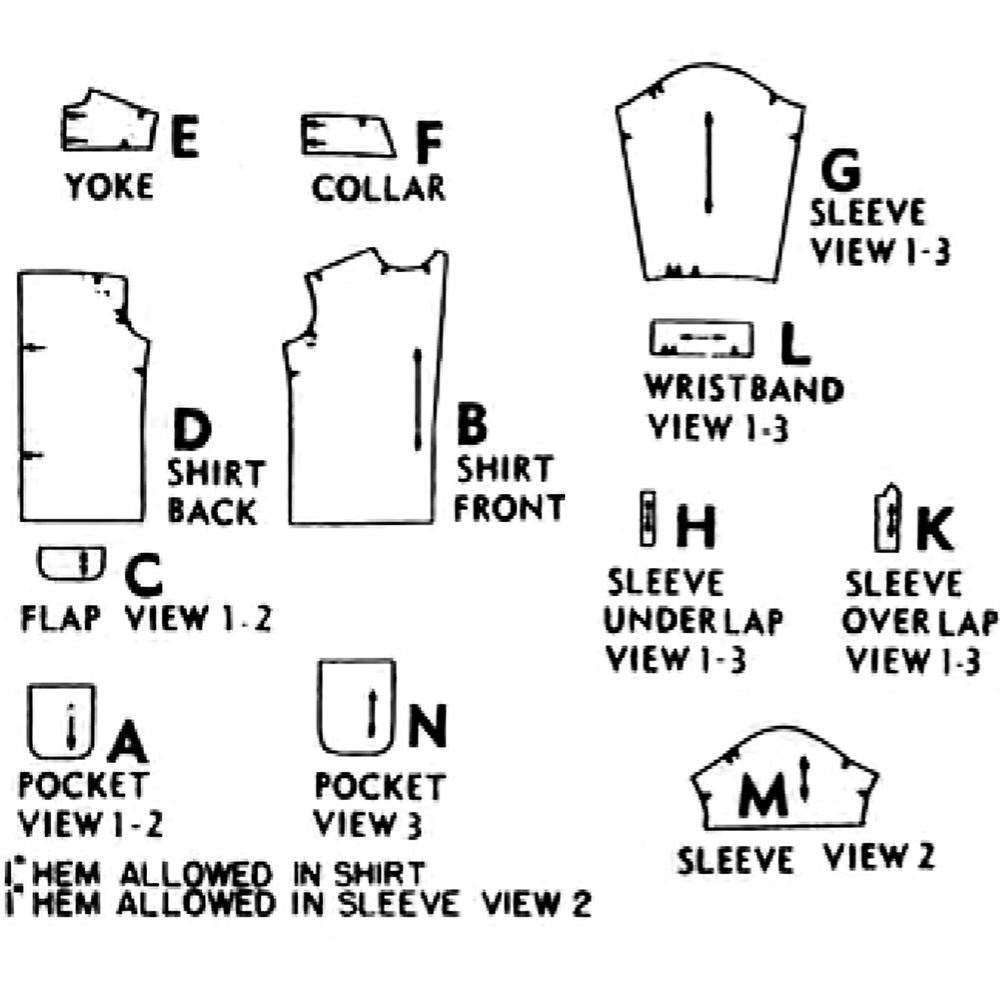 Line drawing of all pattern pieces included in "1950's Pattern Men's Comfortable Sports Shirt"