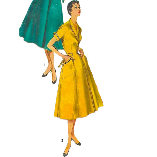Model wearing 1950s wrap-around house dress made from Simplicity 1028 pattern