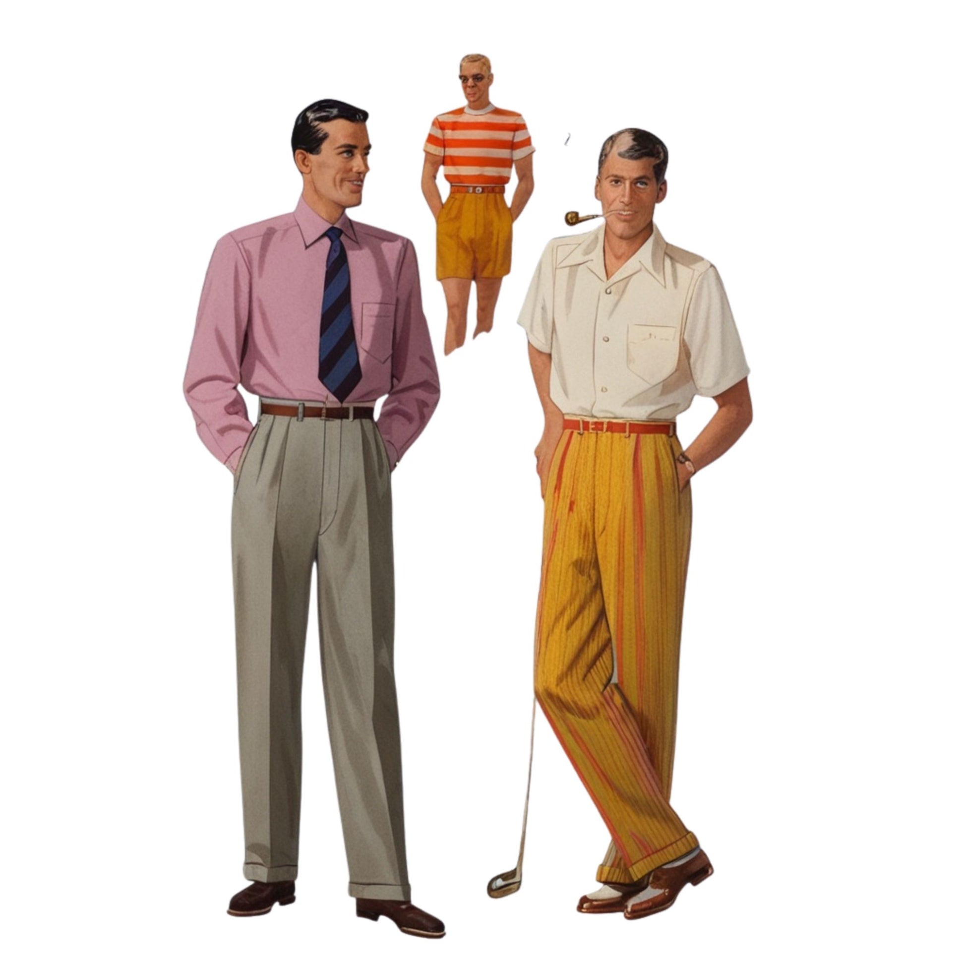 Illustration of three men in vintage attire on a white background