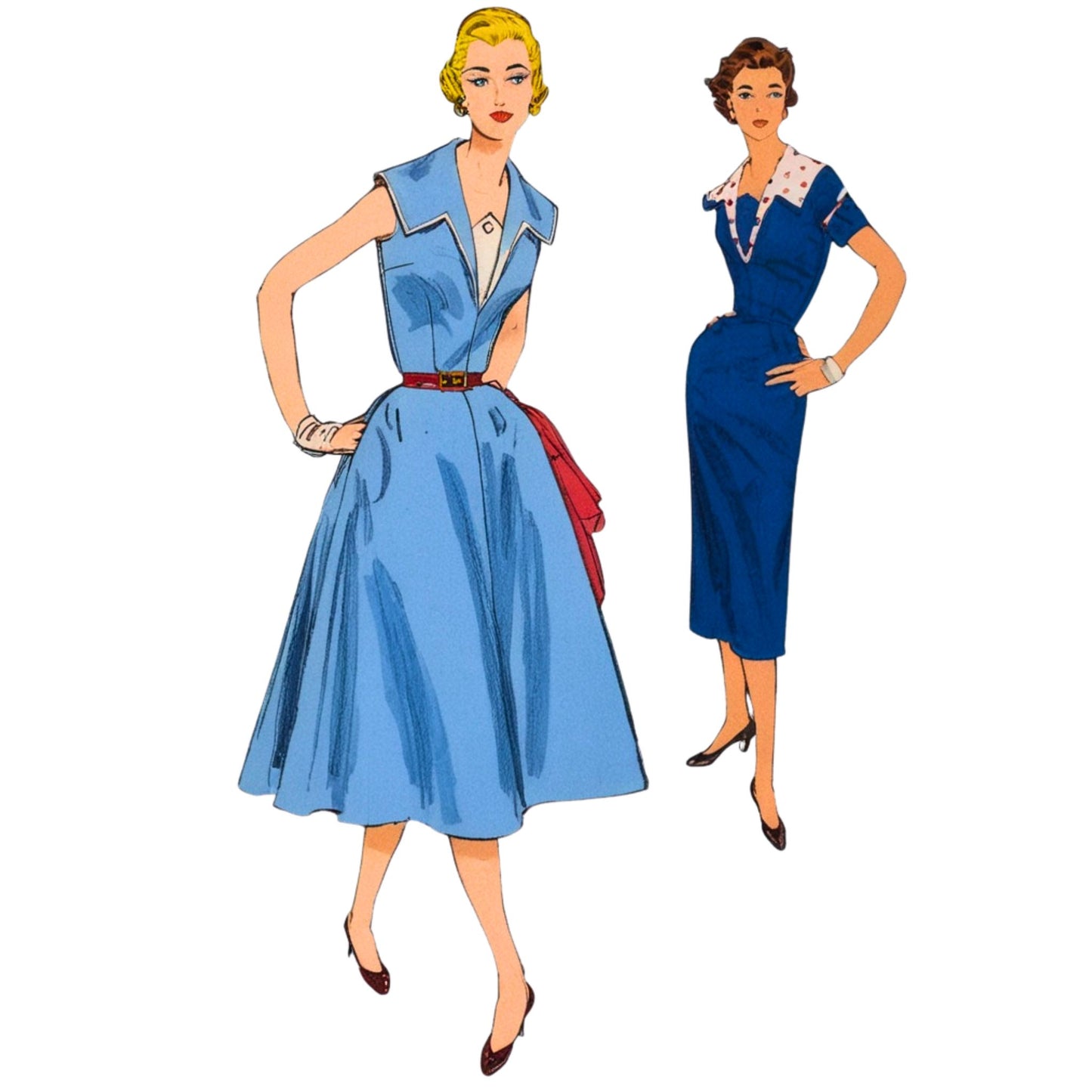 Two vintage-style women wearing blue dresses on a white background
