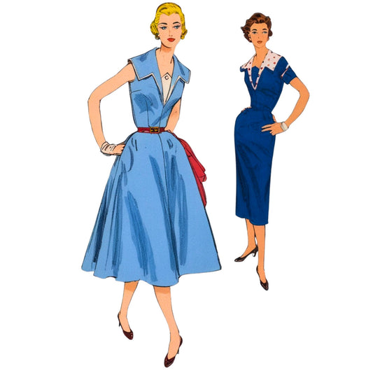 Two vintage-style women wearing blue dresses on a white background