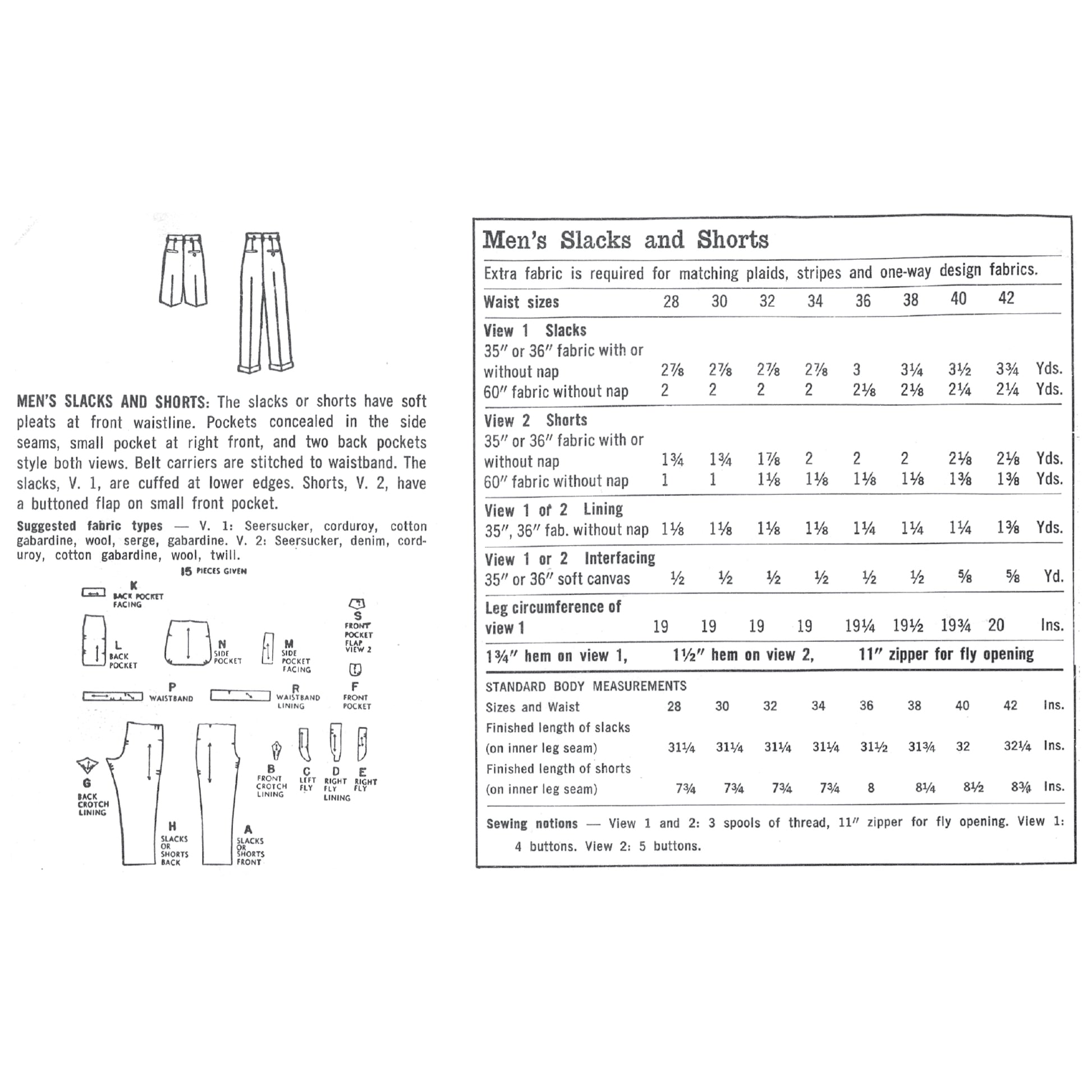 A black-and-white technical sewing guide page for Men's Slacks and Shorts, showing fabric measurements, view diagrams, and sewing instructions with small line drawings and sizing tables.