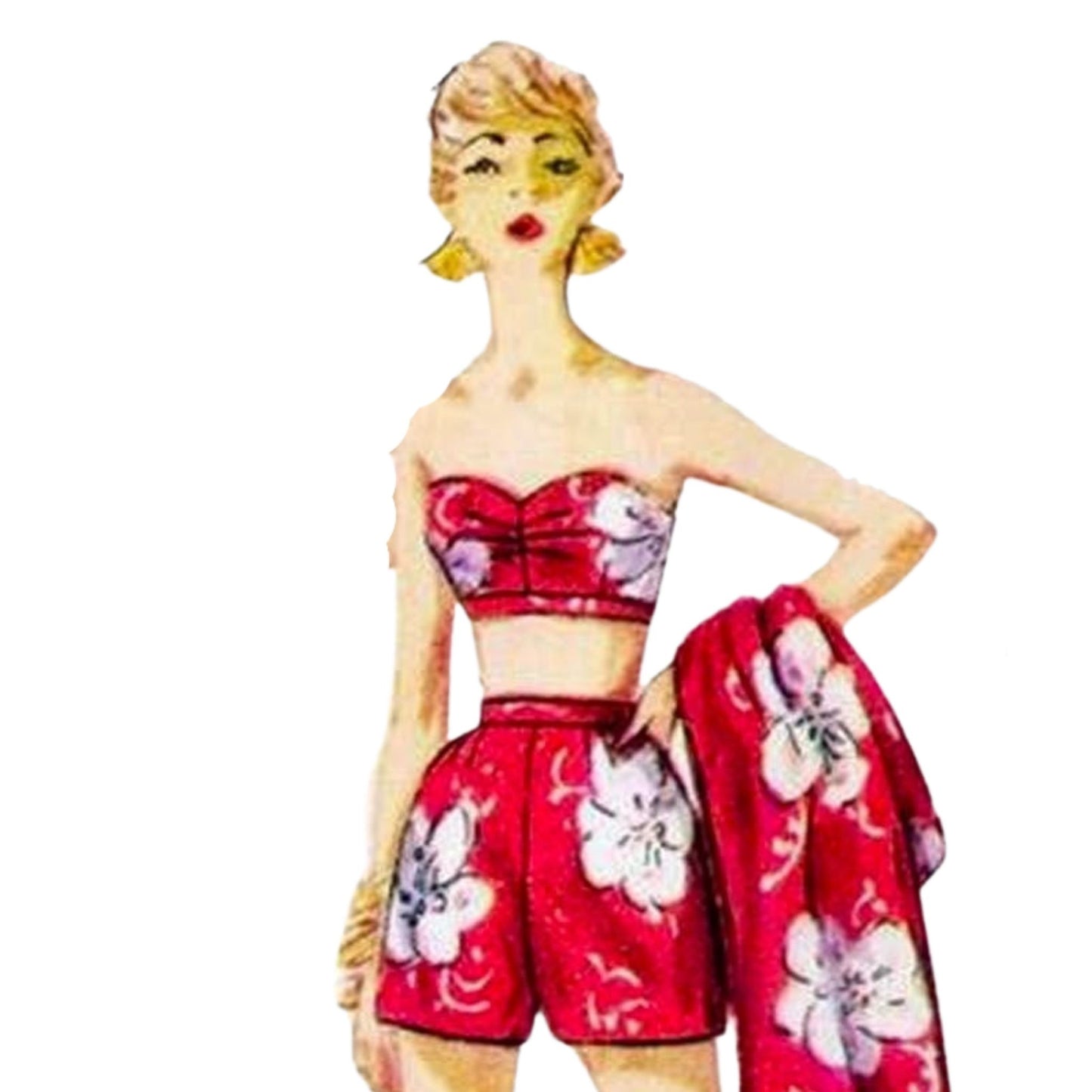 Model wearing 1950s sarong dress, jacket, bra and shorts made from Simplicity 1168 pattern