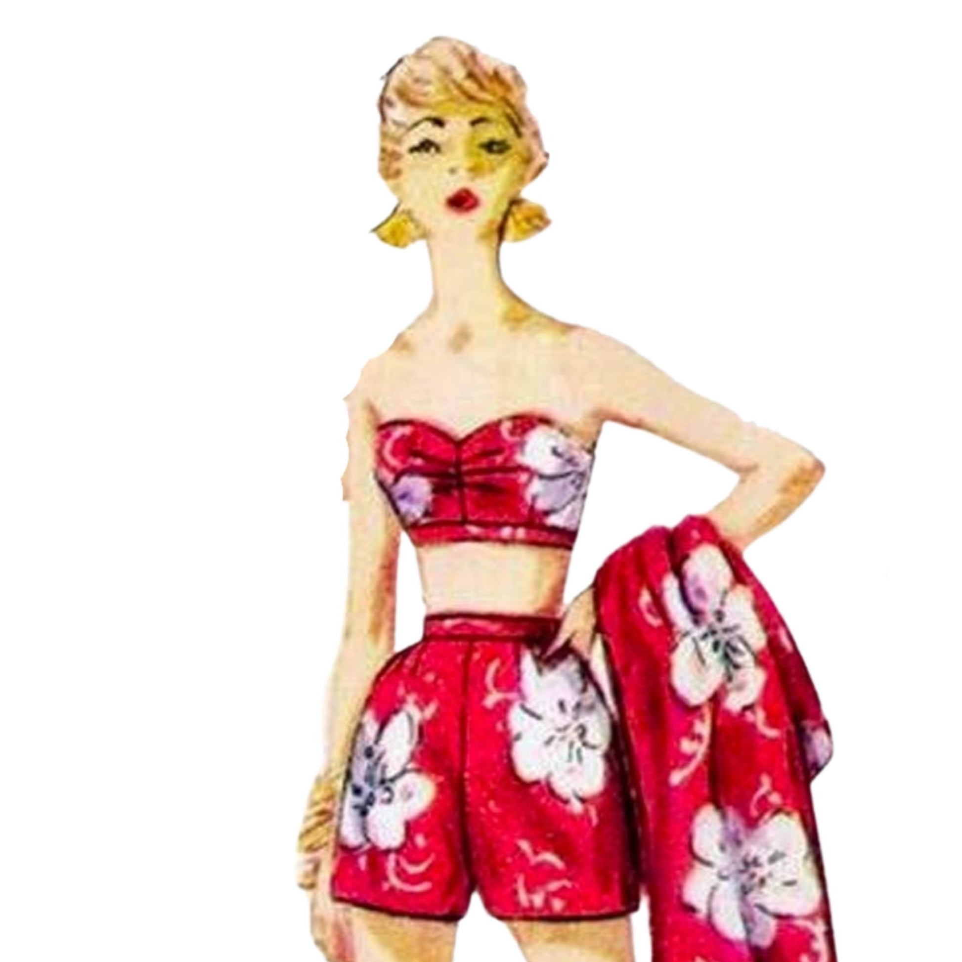 Model wearing 1950s sarong dress, jacket, bra and shorts made from Simplicity 1168 pattern