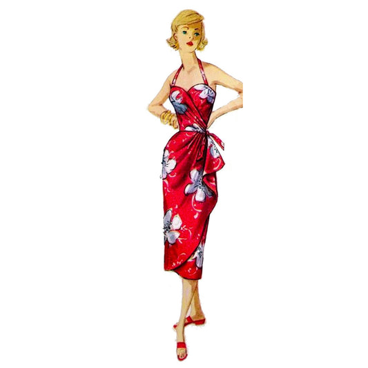 Model wearing 1950s sarong dress, jacket, bra and shorts made from Simplicity 1168 pattern