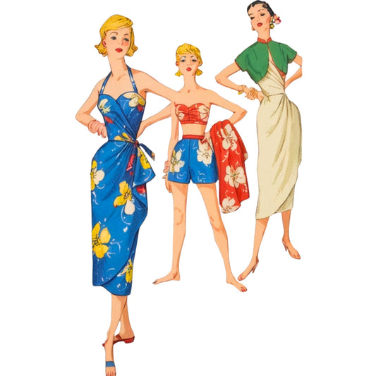 Three women wearing colorful summer outfits on a white background