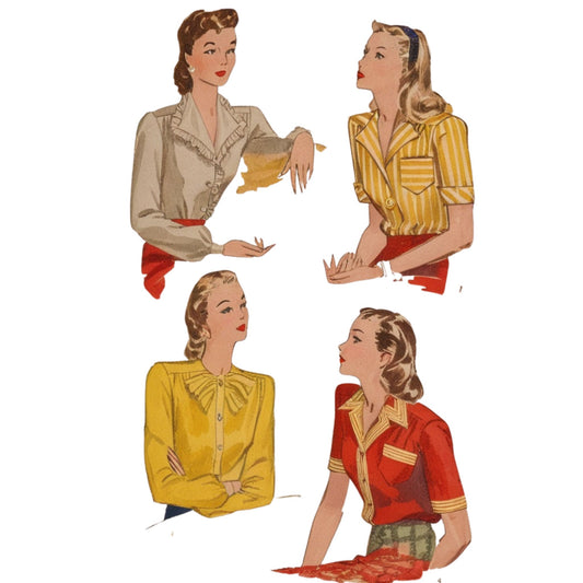 Four vintage-style illustrations of women in different outfits on a white background