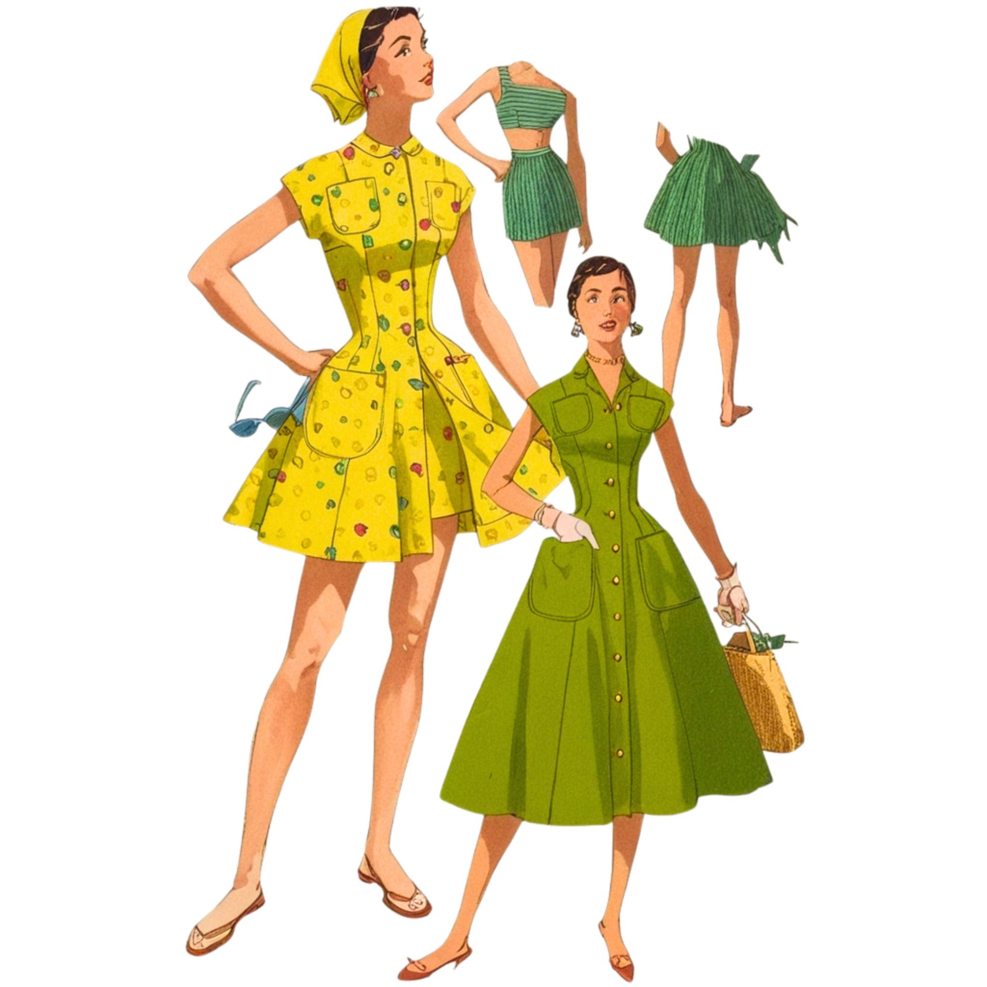 Illustration of two women wearing vintage dresses with additional outfits displayed.