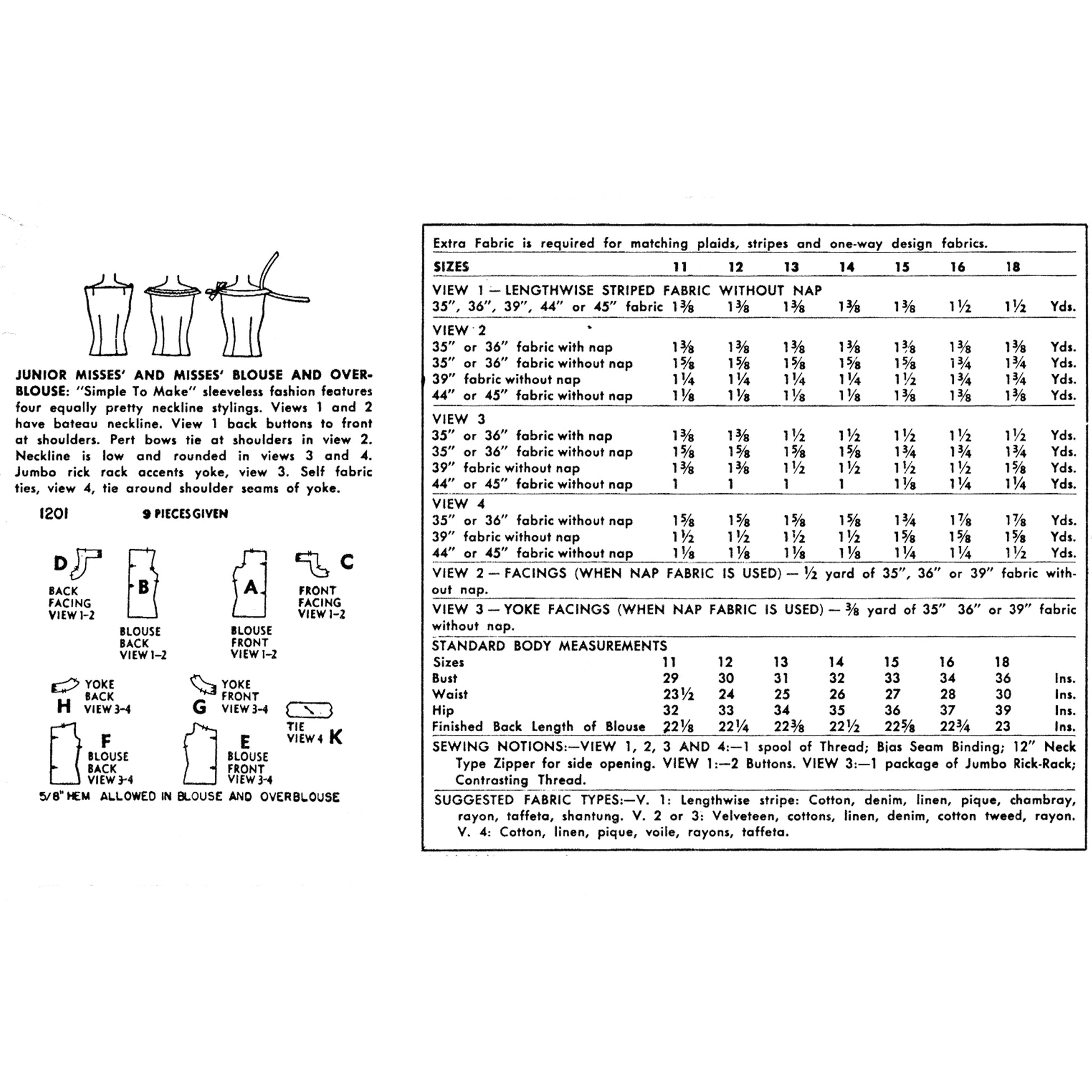 A black-and-white printed sewing pattern sheet showing front and back technical views, sizing tables, and construction details for a blouse. The sheet includes labelled pieces, view diagrams, and fabric measurements.